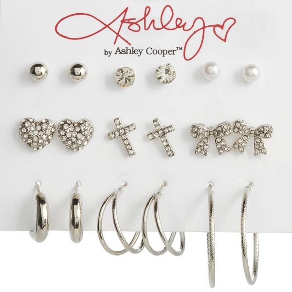 Ashley Silver Plated 9pr. Pave Heart/Cross & Bows Earrings
