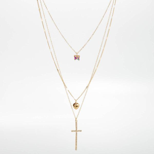 Ashley Layered Necklace w/ AB Crystal/Heart/Pave Cross Charms