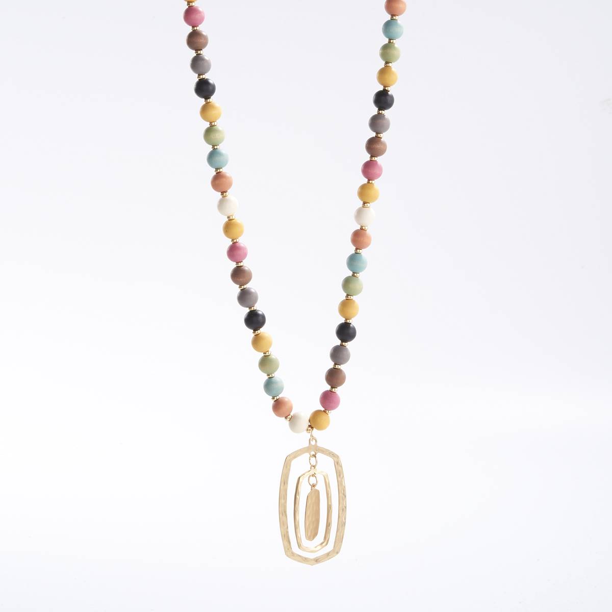Ashley Cooper(tm) Wood Bead Multi-Color Necklace W/Hammered Pendant