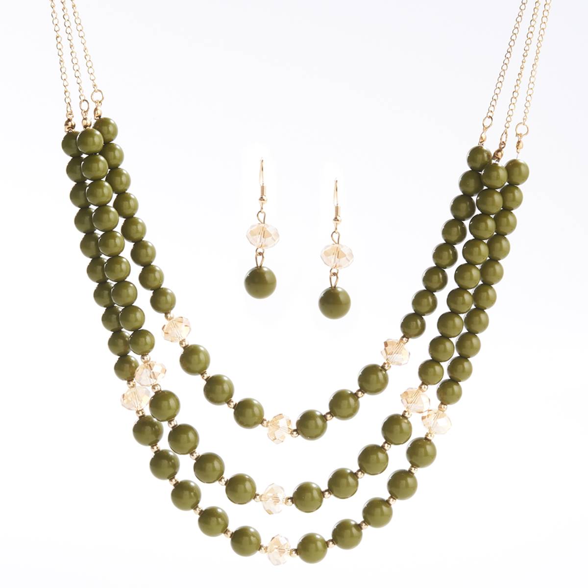 Ashley Cooper(tm) 3-Row Olive & Topaz Beaded Necklace & Earrings Set