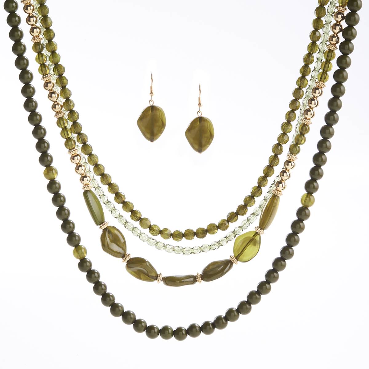 Ashley Cooper(tm) 4-Row Olive Beaded Necklace & Earrings Set
