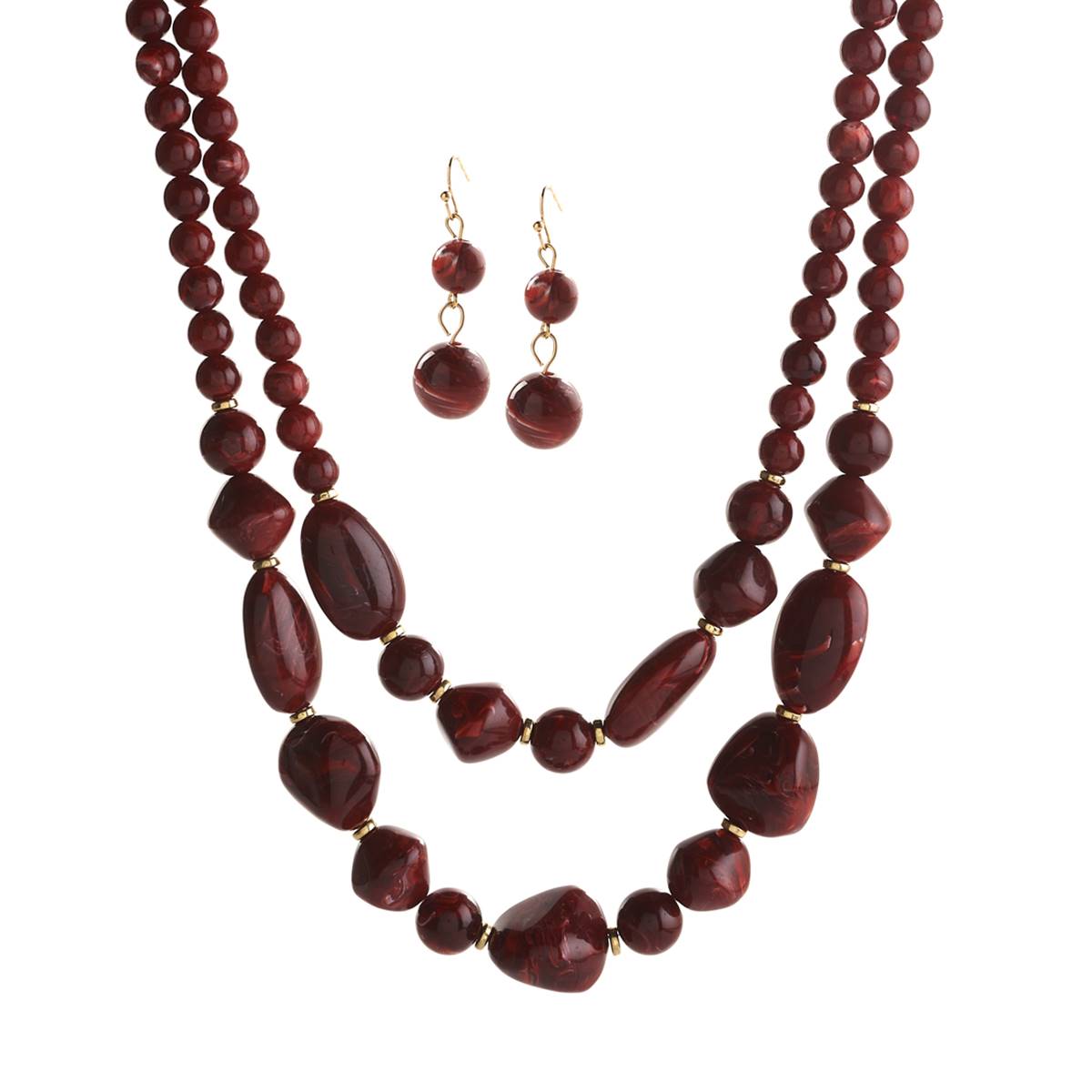 Ashley Cooper(tm) 2-Row Wine Marbled Beaded Necklace & Earrings