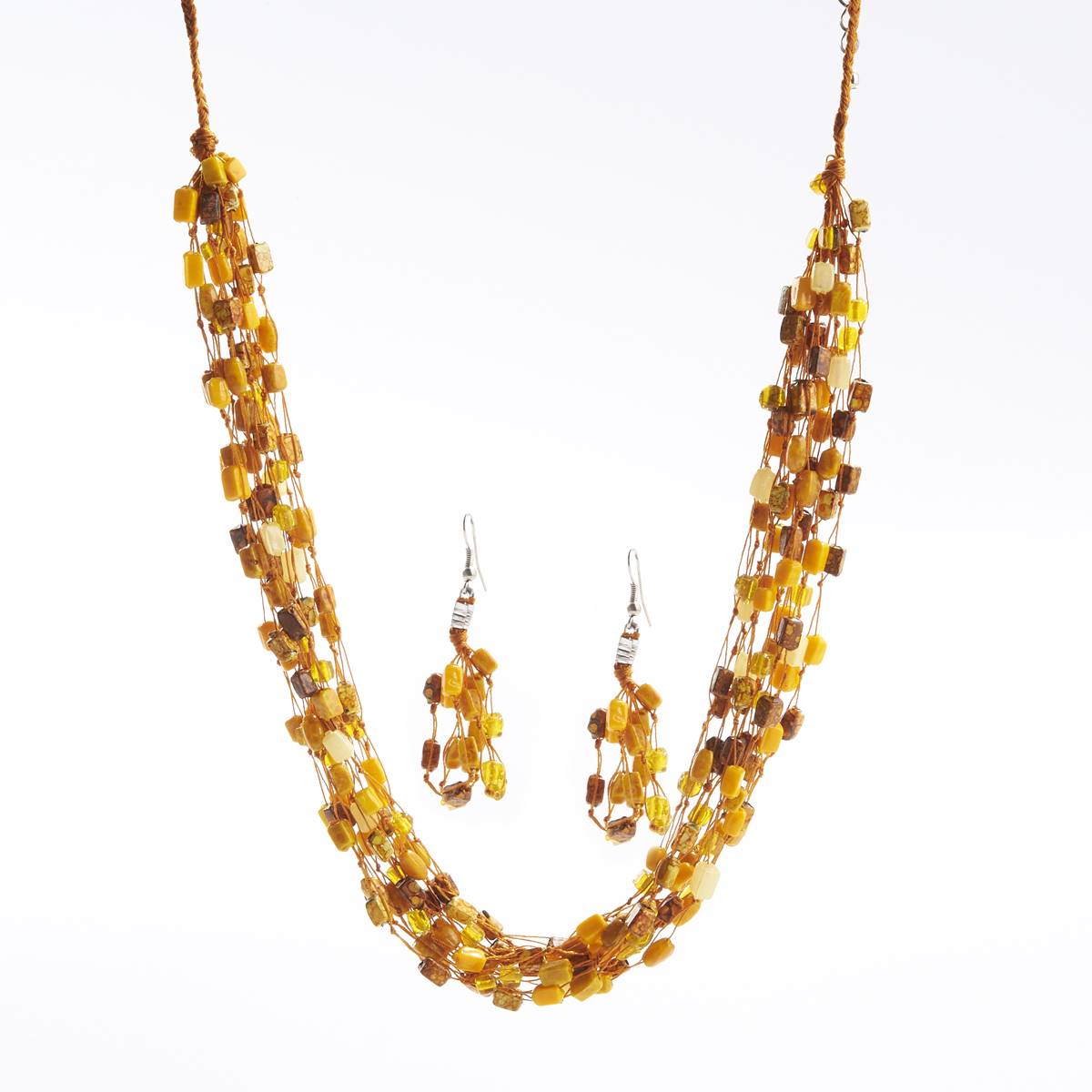 Ashley Cooper(tm) Mustard Cube Bead Multi-Row Necklace & Earrings