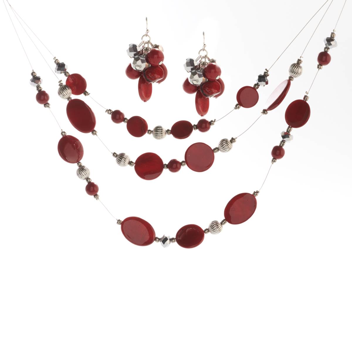 Ashley Cooper(tm) Burgundy 3-Row Necklace & Earring Set