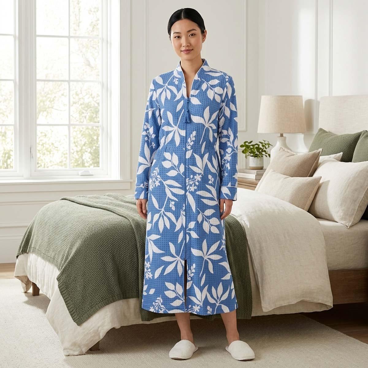 Womens Jasmine Rose Long Sleeve Leaves Houndstooth Zip Robe