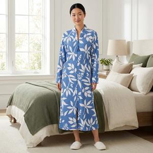 Womens Jasmine Rose Long Sleeve Leaves Houndstooth Zip Robe