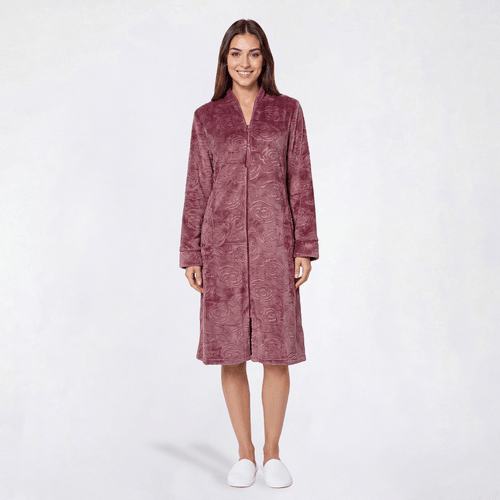 Plus Size Jasmine Rose Floral Roses 3D Embossed Zip Robe - Berry