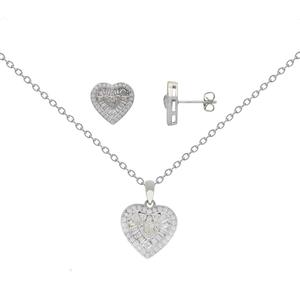 Gianni Argento Fine Silver Plated Diamond Heart Baguette 2pc. Set