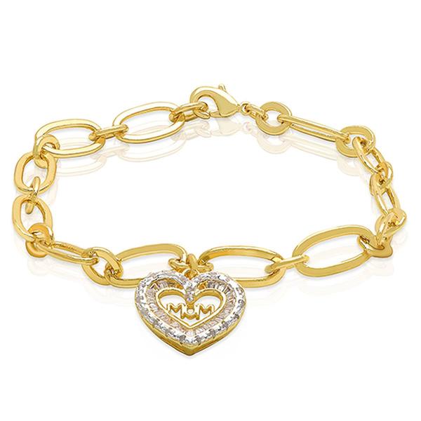 Gianni Argento Diamond Baguette MOM Heart Charm Chain Bracelet