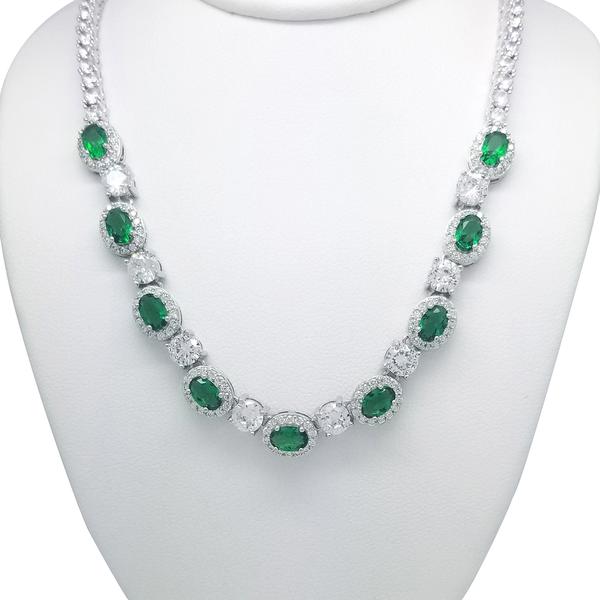 Silver Plated Lab Emerald Oval CZ Necklace