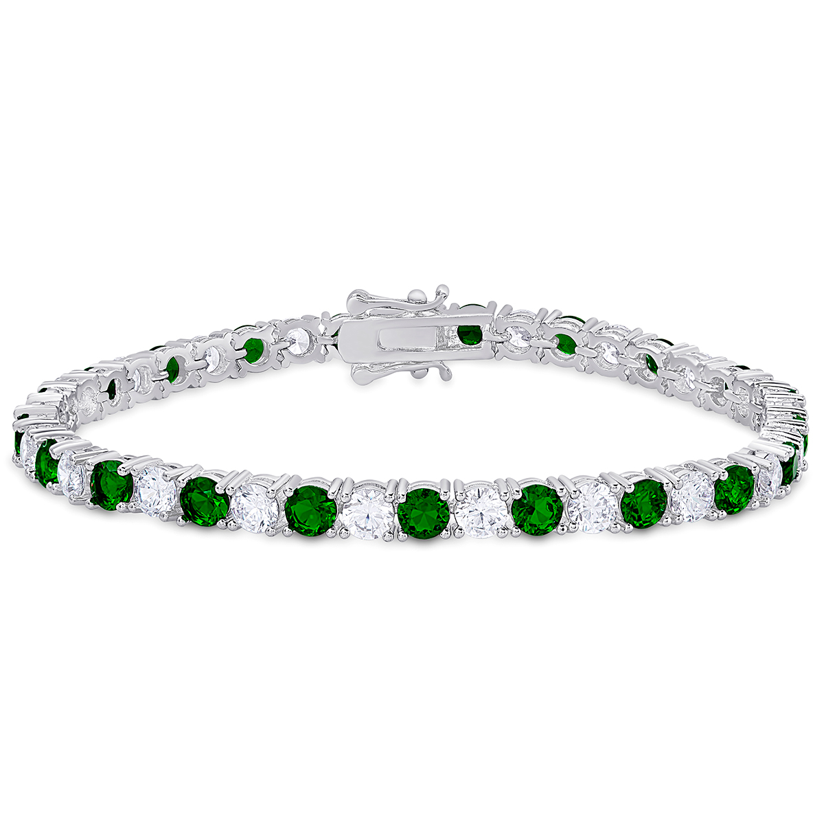 Silver Plated Lab Emerald CZ Tennis Link Bracelet