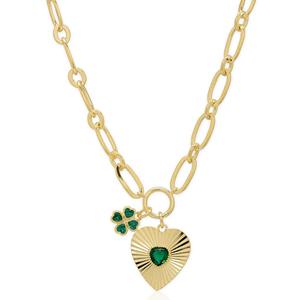 Gianni Argento Lab Grown Emerald Heart & Clover Charm Necklace