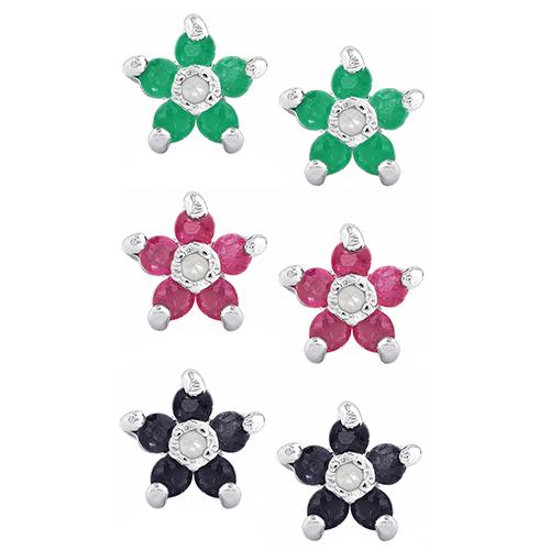 3pr. Sterling Silver & Multi-Color Flower Stud Earrings Set
