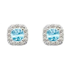 Sterling Silver Blue Topaz Cushion Halo Stud Earrings