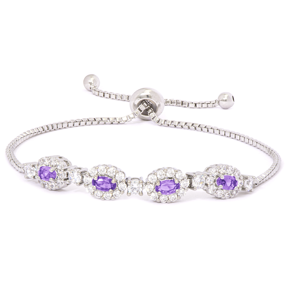 Gianni Argento Silver Amethyst & CZ Oval Adjustable Bracelet