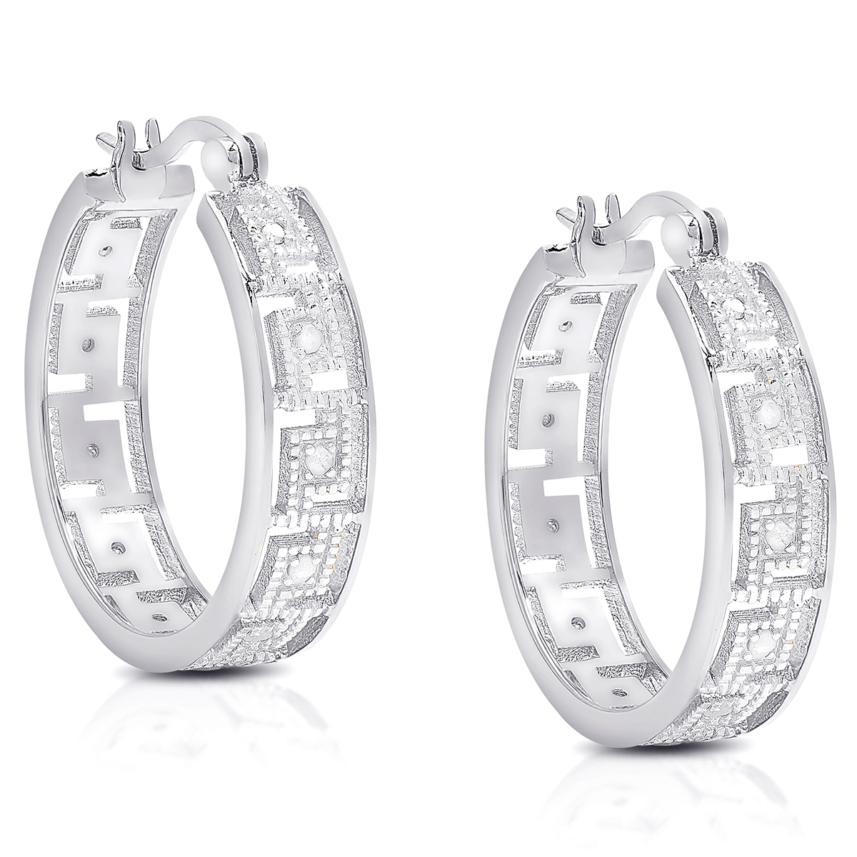 Accents By Gianni Argento Silver Diamond Greek Key Hoop Earrings