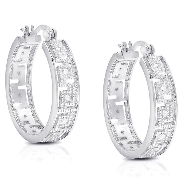 Accents by Gianni Argento Silver Diamond Greek Key Hoop Earrings