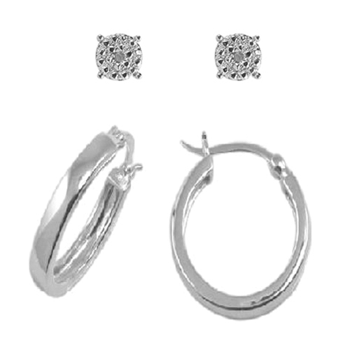 Accents By Gianni Argento 2pr.Silver Diamond Stud & Hoop Earrings