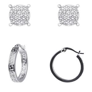 Accents by Gianni Argento Silver Stud & Greek Key Hoop Earrings