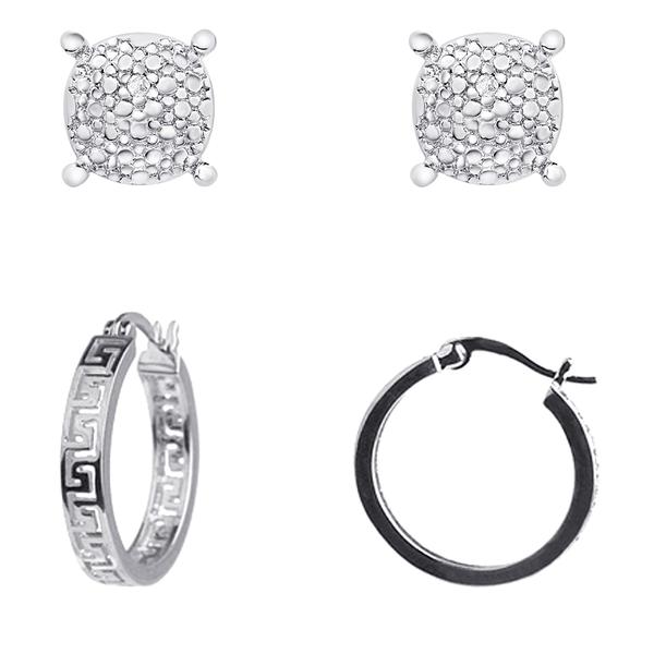 Accents by Gianni Argento Silver Stud & Greek Key Hoop Earrings