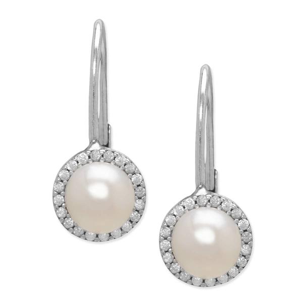 Sterling Silver Pearl Halo Leverback Earrings