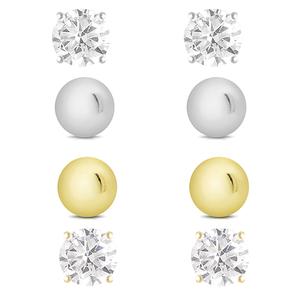 Gold/Silver Plated CZ 4pr. Stud Earrings Set