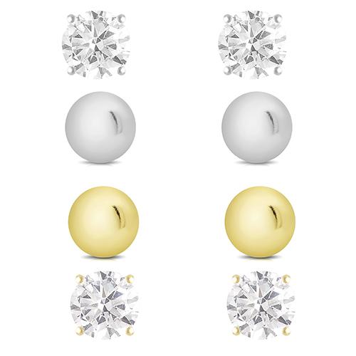 Gold/Silver Plated CZ 4pr. Stud Earrings Set