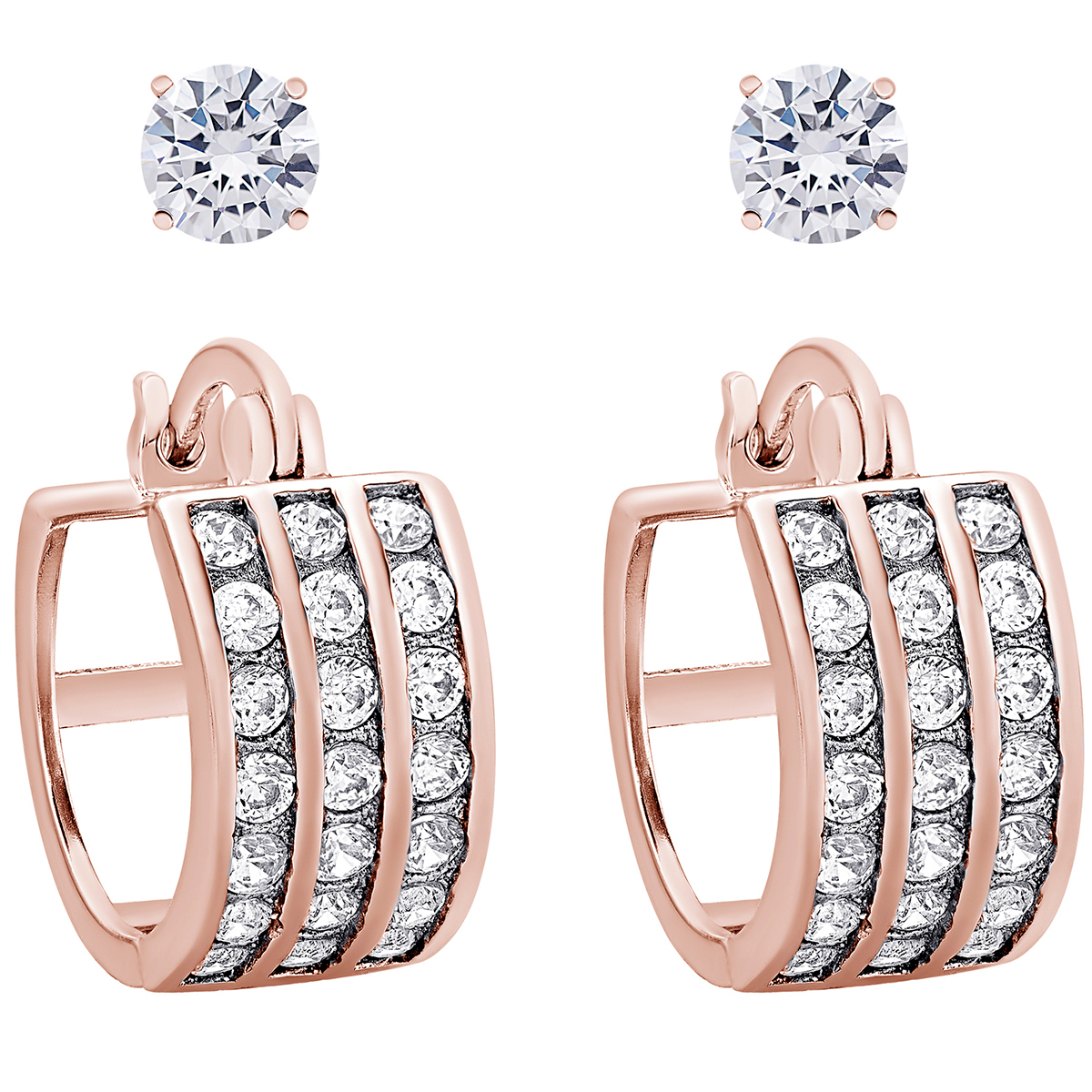 2pr. CZ Stud and Three-Row Hoop Earrings Set