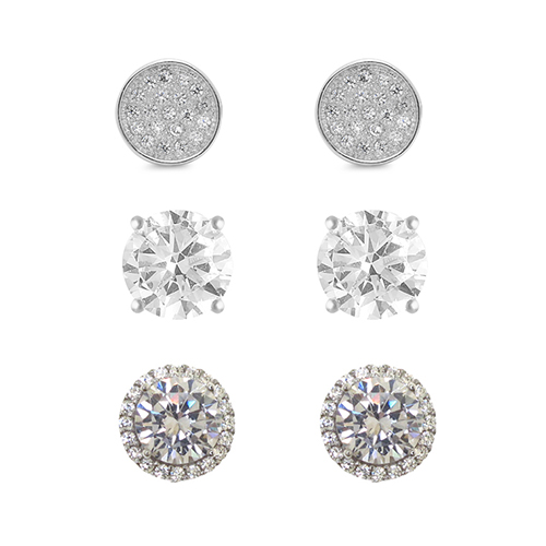 3pr. Silver Plated Round Halo And Pave Stud Earrings Set