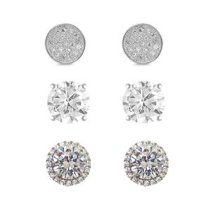 3pr. Silver Plated Round Halo and Pave Stud Earrings Set
