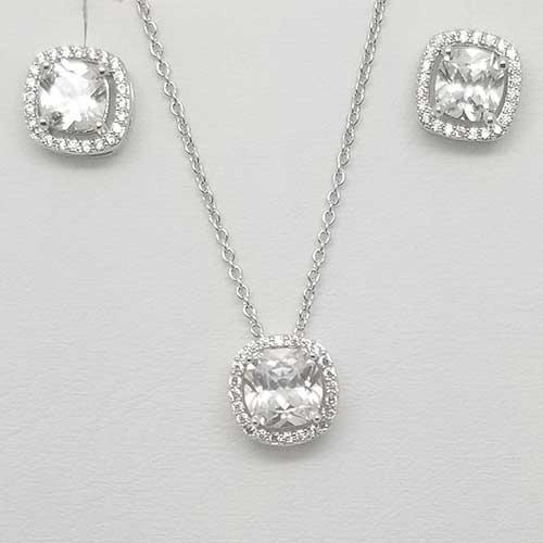 Silver Plated & CZ Halo Pendant Necklace Set