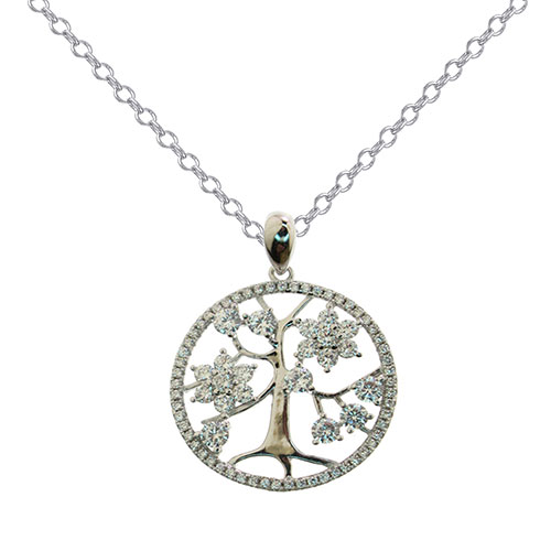 Silver Plated & CZ Tree Of Life Pendant Necklace