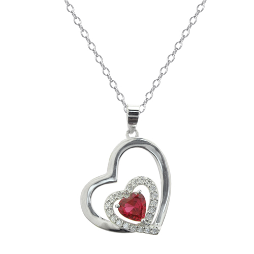 Silver Plated Ruby & CZ Heart Pendant Necklace