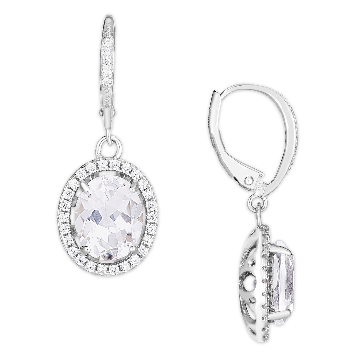 Silver Plated CZ Oval Lever Back Earrings