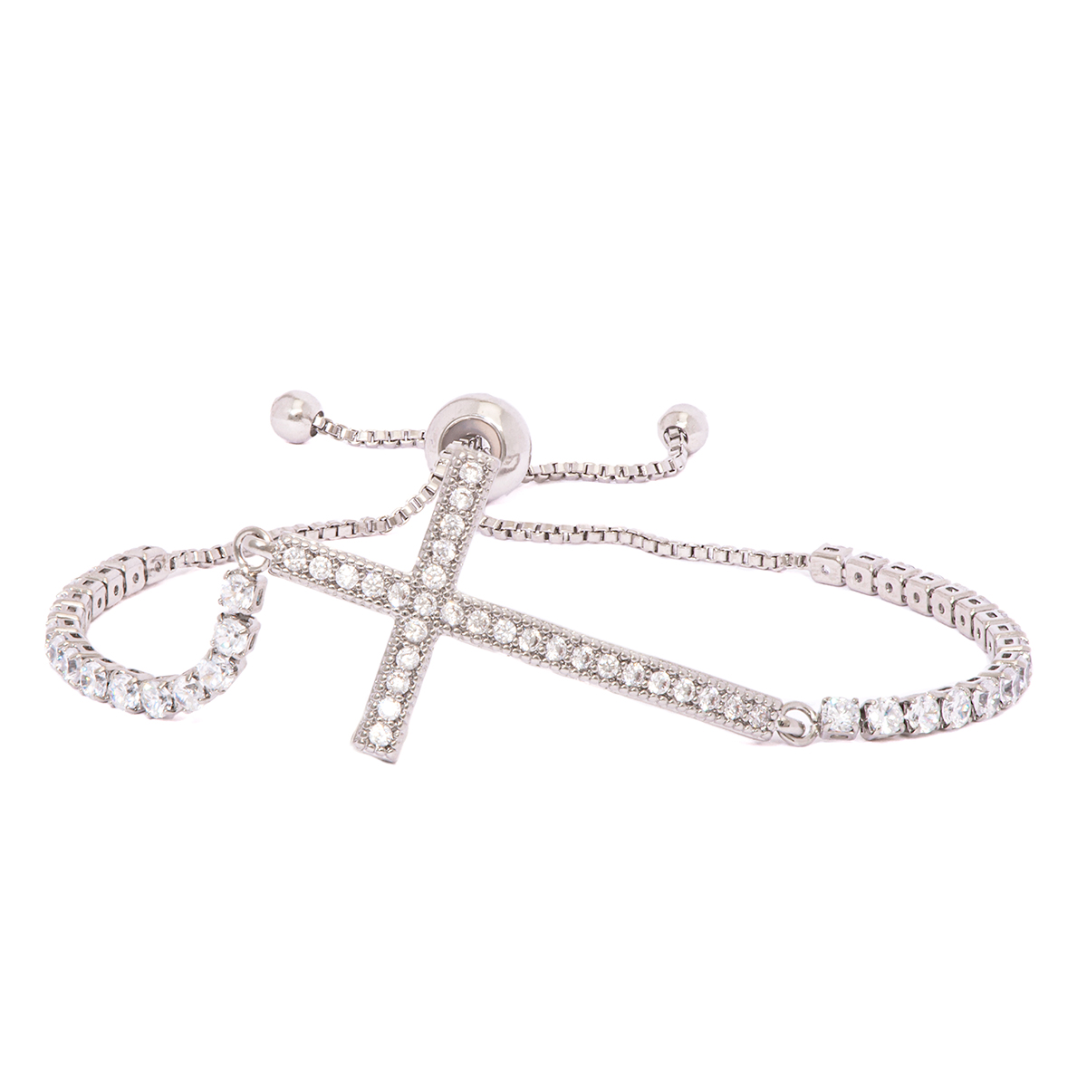 Silver Plated CZ Cross Adjustable Bracelet