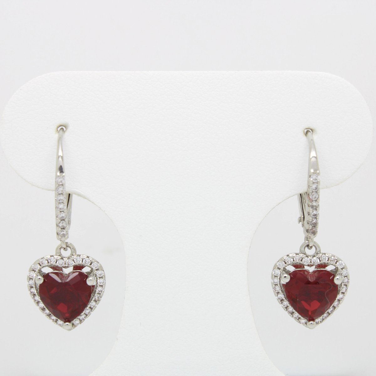 Ruby And CZ Heart Lever Back Drop Earrings