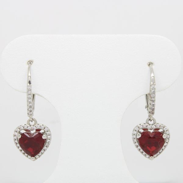 Ruby and CZ Heart Lever Back Drop Earrings