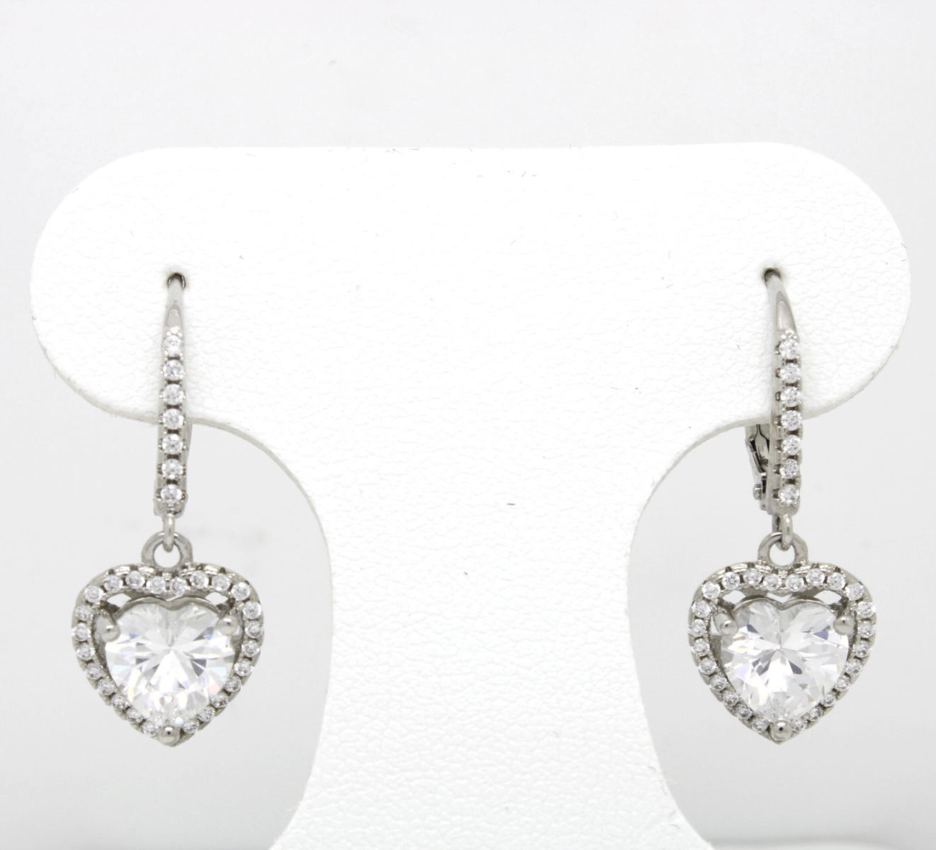 CZ Heart Lever Back Drop Earrings