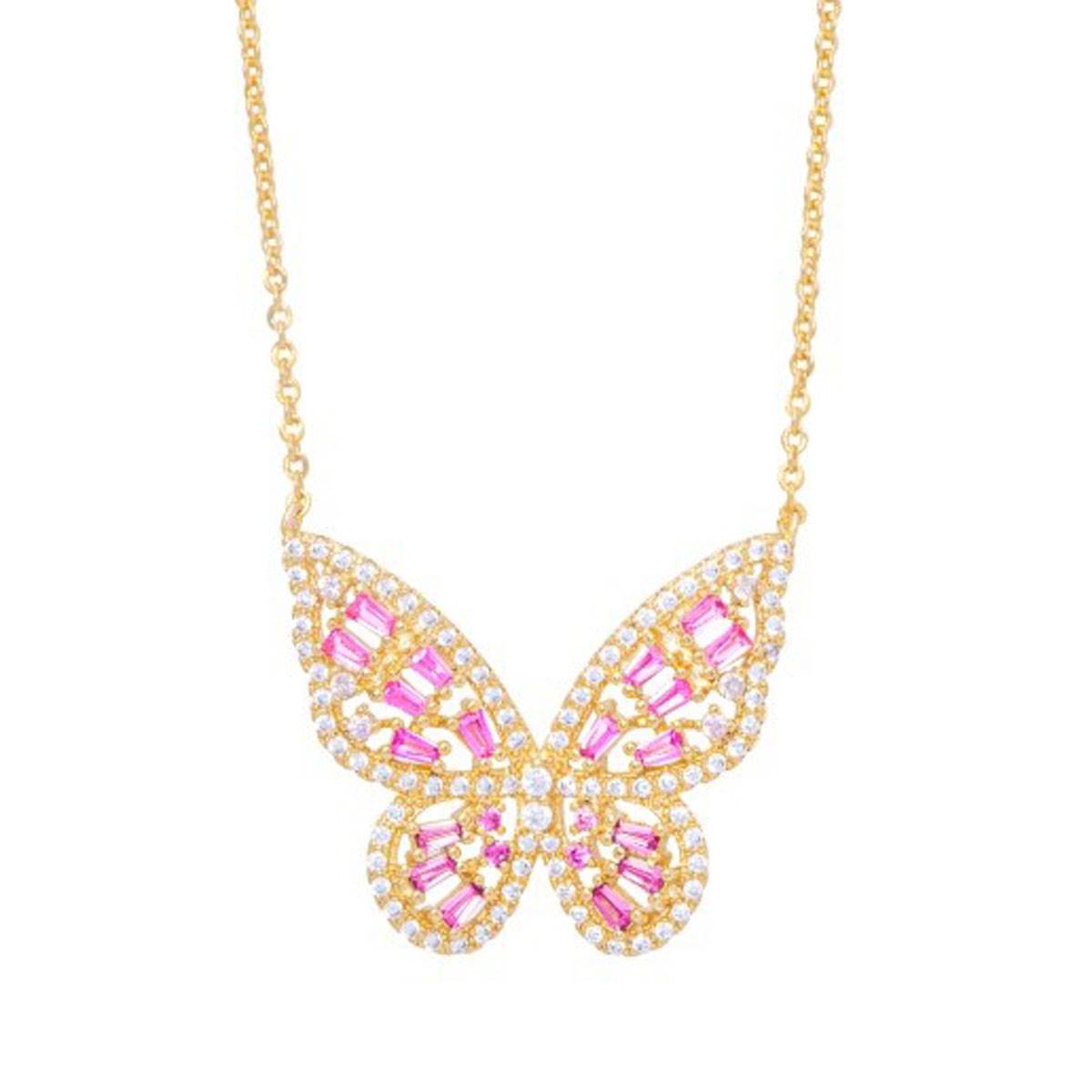 Gold Plated Pink CZ Butterfly Pendant Necklace