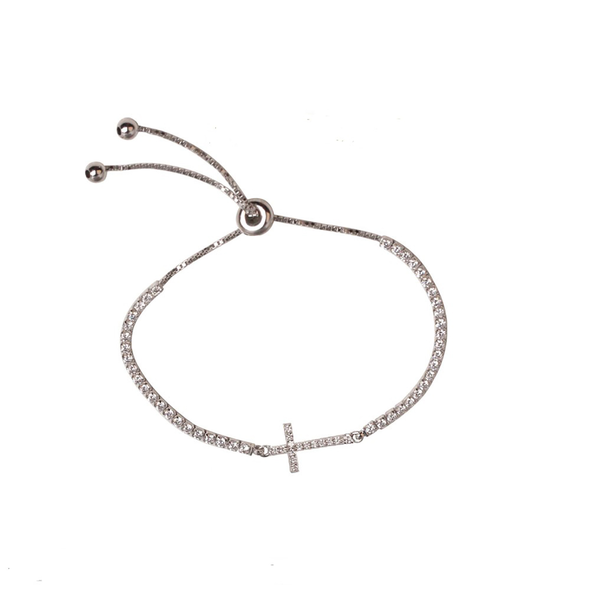 Silver Plated CZ Cross Adjustable Bolo Bracelet