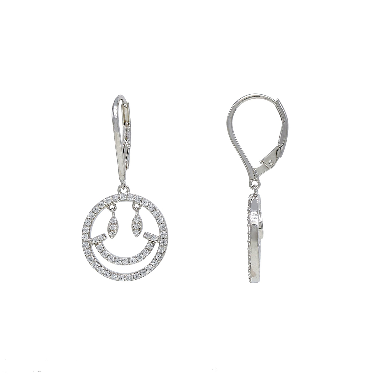 Silver Plated CZ Smiley Face Lever Back Earrings