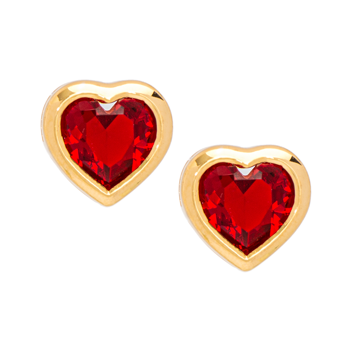 Gold Plated Ruby CZ Heart Bezel Stud Earrings