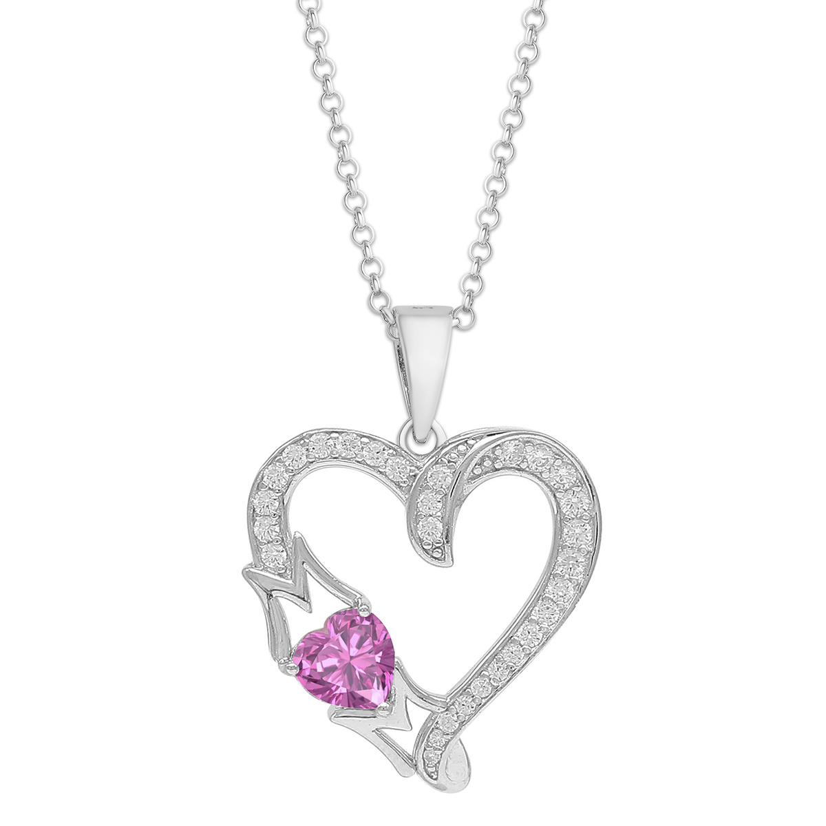 Lab Created Pink Sapphire & CZ Heart Mom Necklace