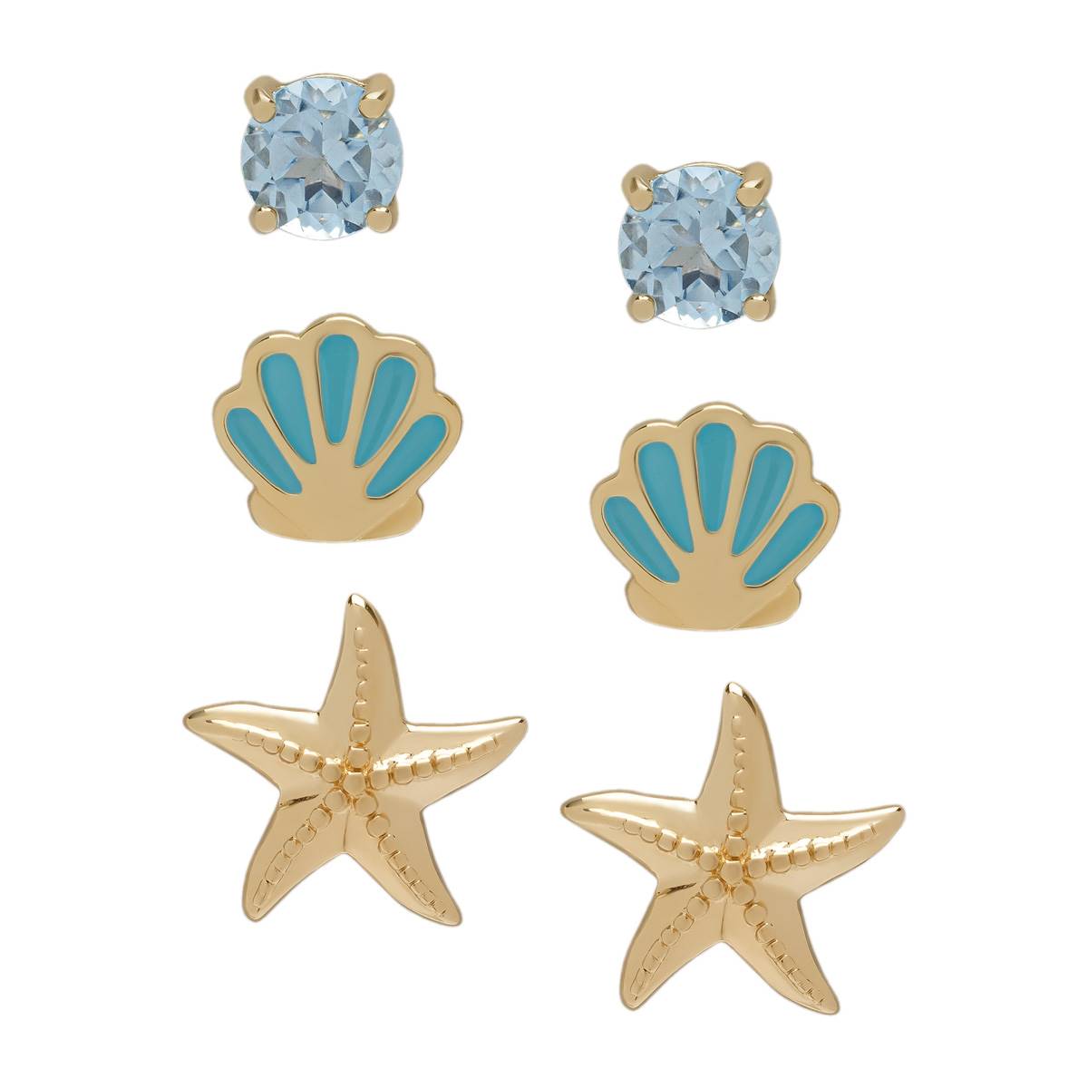 3pr. Gold Plated Sea Life Stud Earrings