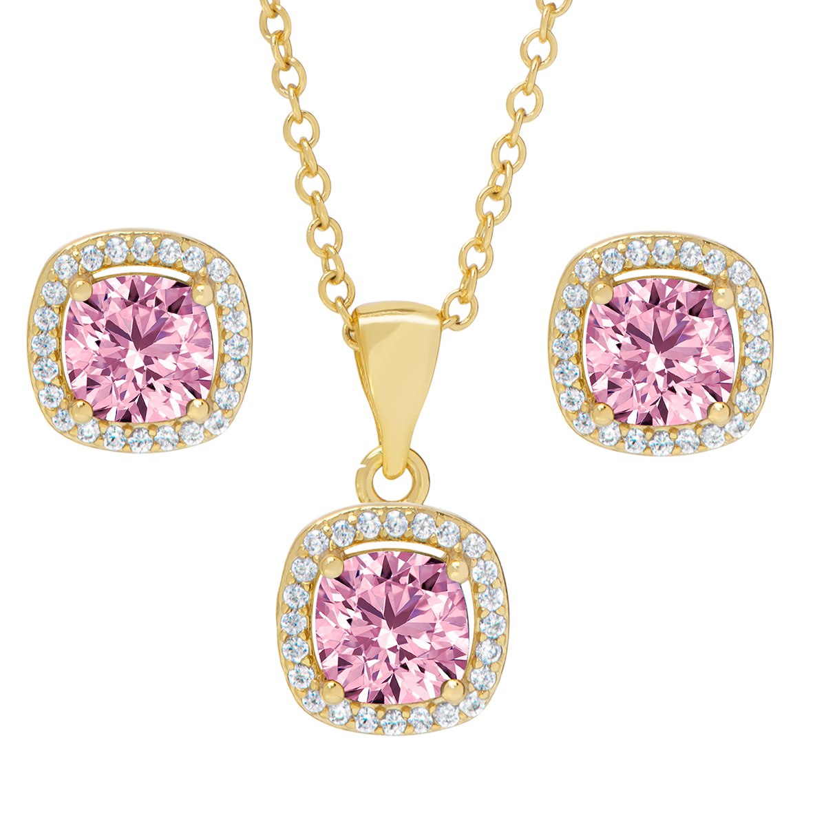 Gold Plated Pink CZ Cushion Pendant & Earrings Set