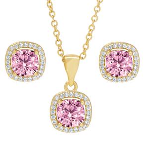 Gold Plated Pink CZ Cushion Pendant & Earrings Set
