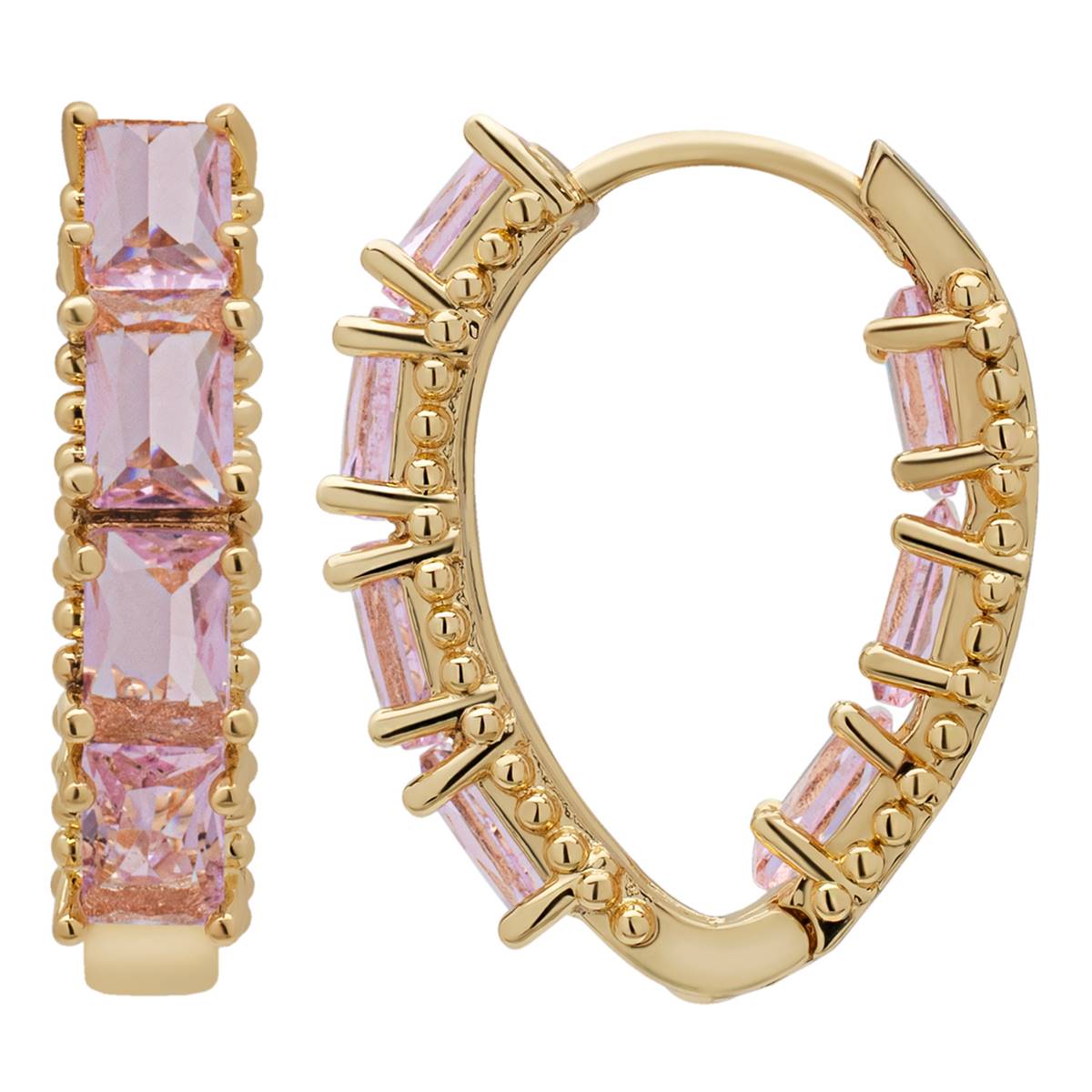 Yellow Gold Plated Pink CZ Emerald-Cut Hoop Earrings