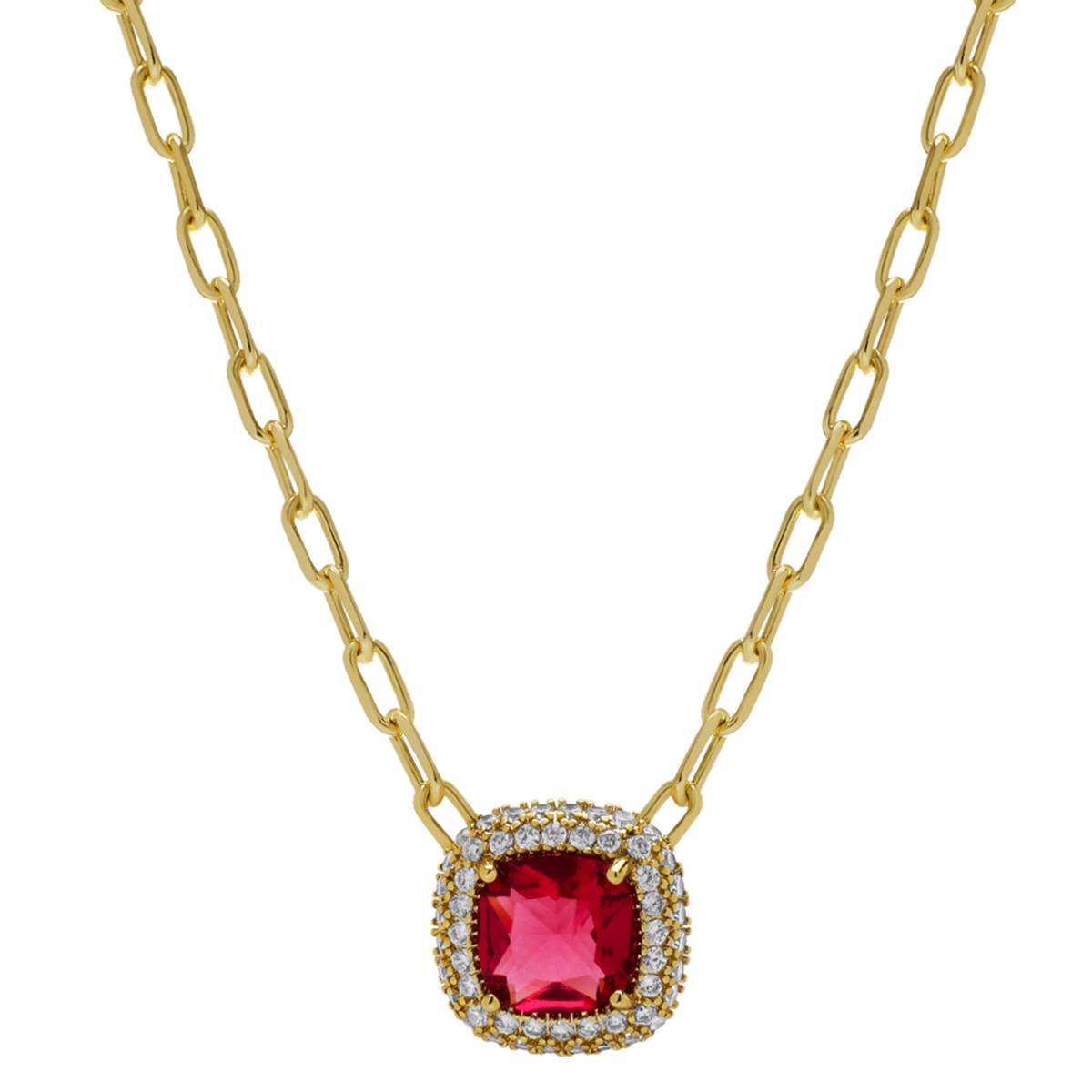 Gold Plated Magenta CZ Cushion Pendant Necklace