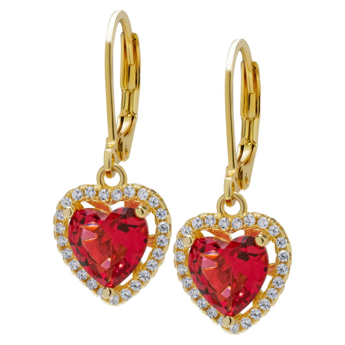 Gold Plated Magenta CZ Heart Drop Earrings