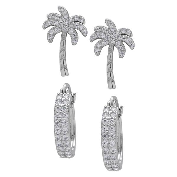 Silver Plated Palm Tree & Hoop 2pr. Earrings Set